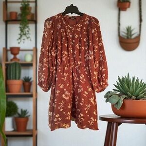 Madewell Norma Rae Copper Floral Print Long Sleeve Bohemian mini Dress Medium